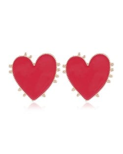 Enamel Studs Heart Design High Fashion Women Costume Earrings - Red