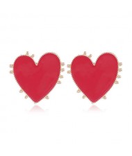 Enamel Studs Heart Design High Fashion Women Costume Earrings - Red