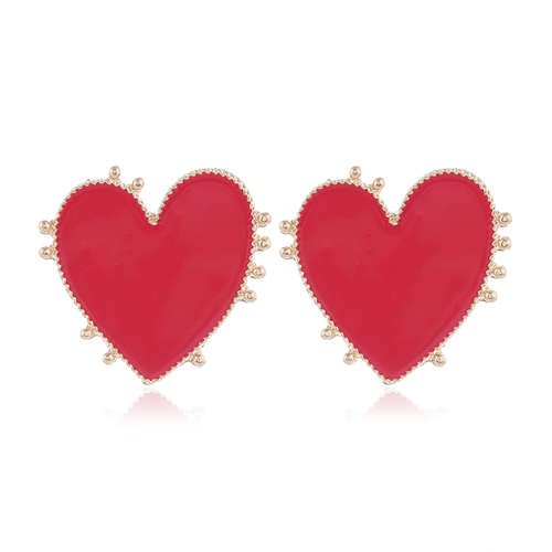 Enamel Studs Heart Design High Fashion Women Costume Earrings - Red