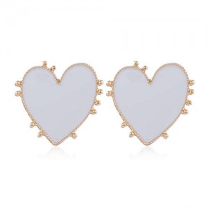 Enamel Studs Heart Design High Fashion Women Costume Earrings - White