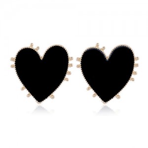 Enamel Studs Heart Design High Fashion Women Costume Earrings - Black
