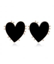 Enamel Studs Heart Design High Fashion Women Costume Earrings - Black