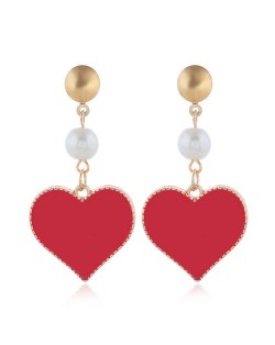 Oil-spot Glazed Dangling Heart Unique Fashion Women Alloy Earrings - Red