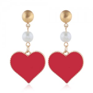 Oil-spot Glazed Dangling Heart Unique Fashion Women Alloy Earrings - Red
