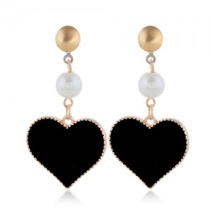 Oil-spot Glazed Dangling Heart Unique Fashion Women Alloy Earrings - Black