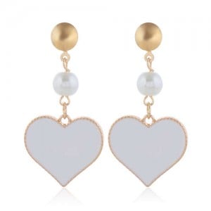 Oil-spot Glazed Dangling Heart Unique Fashion Women Alloy Earrings - White