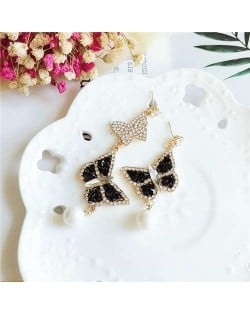 Rhinestone Embellished Vivid Butterflies Asymetric Design Pearl Fashion Women Studs Earrings - Black and White