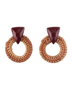 Brown Bamboo Weaving Hoop Fashion Women Earrings - Dark Brown
