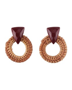 Brown Bamboo Weaving Hoop Fashion Women Earrings - Dark Brown