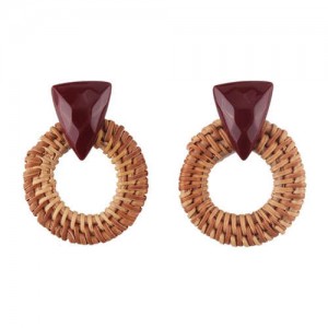 Brown Bamboo Weaving Hoop Fashion Women Earrings - Dark Brown