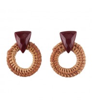 Brown Bamboo Weaving Hoop Fashion Women Earrings - Dark Brown