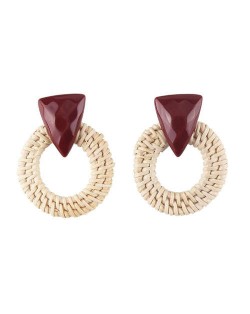 White Bamboo Weaving Hoop Fashion Women Earrings - Dark Brown