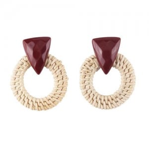 White Bamboo Weaving Hoop Fashion Women Earrings - Dark Brown