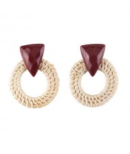 White Bamboo Weaving Hoop Fashion Women Earrings - Dark Brown