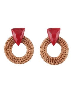 Brown Bamboo Weaving Hoop Fashion Women Earrings - Red