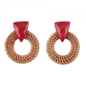 Brown Bamboo Weaving Hoop Fashion Women Earrings - Red