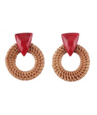 Brown Bamboo Weaving Hoop Fashion Women Earrings - Red