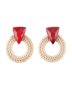 White Bamboo Weaving Hoop Fashion Women Earrings - Red
