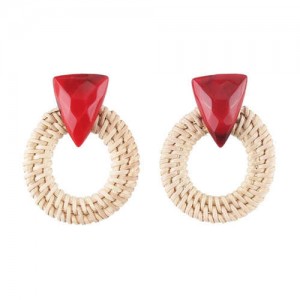 White Bamboo Weaving Hoop Fashion Women Earrings - Red