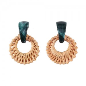 Folk Style Brown Bamboo Weaving Hoop Fashion Women Earrings - Green