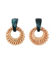 Folk Style Brown Bamboo Weaving Hoop Fashion Women Earrings - Green