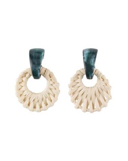 Folk Style White Bamboo Weaving Hoop Fashion Women Earrings - Green