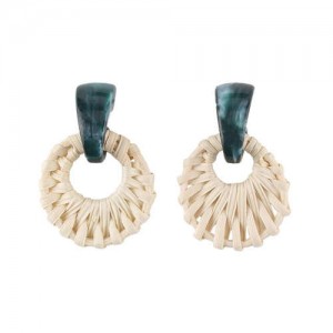 Folk Style White Bamboo Weaving Hoop Fashion Women Earrings - Green