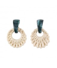 Folk Style White Bamboo Weaving Hoop Fashion Women Earrings - Green