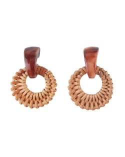 Folk Style Brown Bamboo Weaving Hoop Fashion Women Earrings - Brown