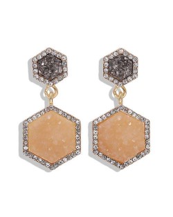 Hexagon Shape Design Rhinestone Rimmed Shining Fashion Women Alloy Stud Earrings - Apricot