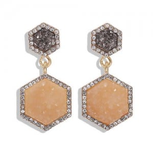 Hexagon Shape Design Rhinestone Rimmed Shining Fashion Women Alloy Stud Earrings - Apricot