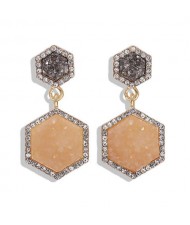 Hexagon Shape Design Rhinestone Rimmed Shining Fashion Women Alloy Stud Earrings - Apricot