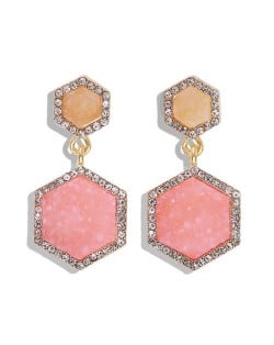 Hexagon Shape Design Rhinestone Rimmed Shining Fashion Women Alloy Stud Earrings - Pink