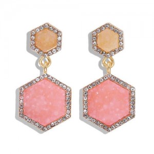 Hexagon Shape Design Rhinestone Rimmed Shining Fashion Women Alloy Stud Earrings - Pink