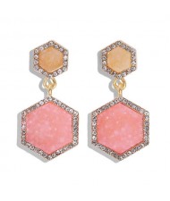 Hexagon Shape Design Rhinestone Rimmed Shining Fashion Women Alloy Stud Earrings - Pink