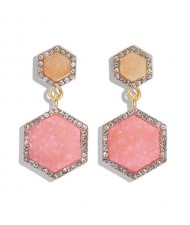 Hexagon Shape Design Rhinestone Rimmed Shining Fashion Women Alloy Stud Earrings - Pink