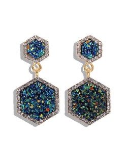 Hexagon Shape Design Rhinestone Rimmed Shining Fashion Women Alloy Stud Earrings - Blue