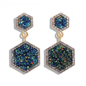 Hexagon Shape Design Rhinestone Rimmed Shining Fashion Women Alloy Stud Earrings - Blue