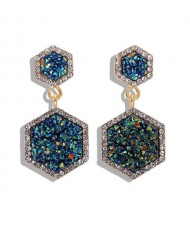 Hexagon Shape Design Rhinestone Rimmed Shining Fashion Women Alloy Stud Earrings - Blue