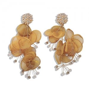 Yellow Flowers Cluster Online Star Choice Rhinestone and Pearl Fashion Earrings