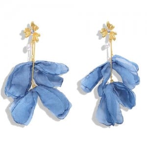 Blue Cloth Flower Design High Fashion Women Shoulder-duster Earrings