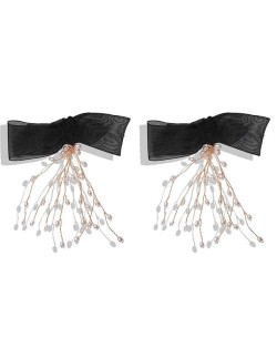 Pearl Tassel Black Bowknot Design High Fashion Women Earrings