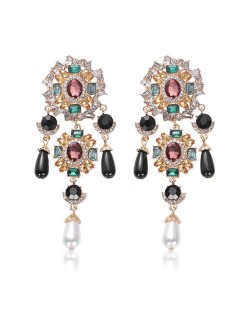 Baroque Fashion Gems Inlaid Floral Style Long Beads Tassel Women Shoulder-duster Earrings - Black