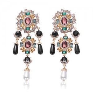 Baroque Fashion Gems Inlaid Floral Style Long Beads Tassel Women Shoulder-duster Earrings - Black