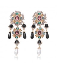 Baroque Fashion Gems Inlaid Floral Style Long Beads Tassel Women Shoulder-duster Earrings - Black