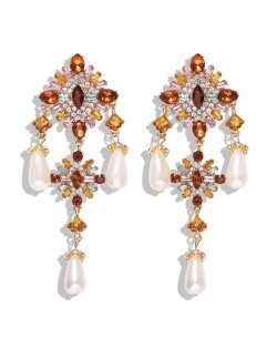 Baroque Fashion Gems Inlaid Floral Style Long Beads Tassel Women Shoulder-duster Earrings - White