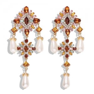 Baroque Fashion Gems Inlaid Floral Style Long Beads Tassel Women Shoulder-duster Earrings - White