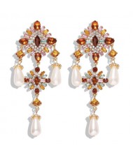 Baroque Fashion Gems Inlaid Floral Style Long Beads Tassel Women Shoulder-duster Earrings - White