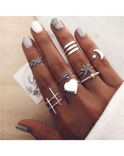 Heart Moon and Starfish Various Fashion Designs 8 pcs Women Alloy Rings Set