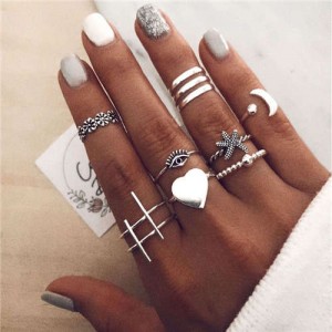 Heart Moon and Starfish Various Fashion Designs 8 pcs Women Alloy Rings Set